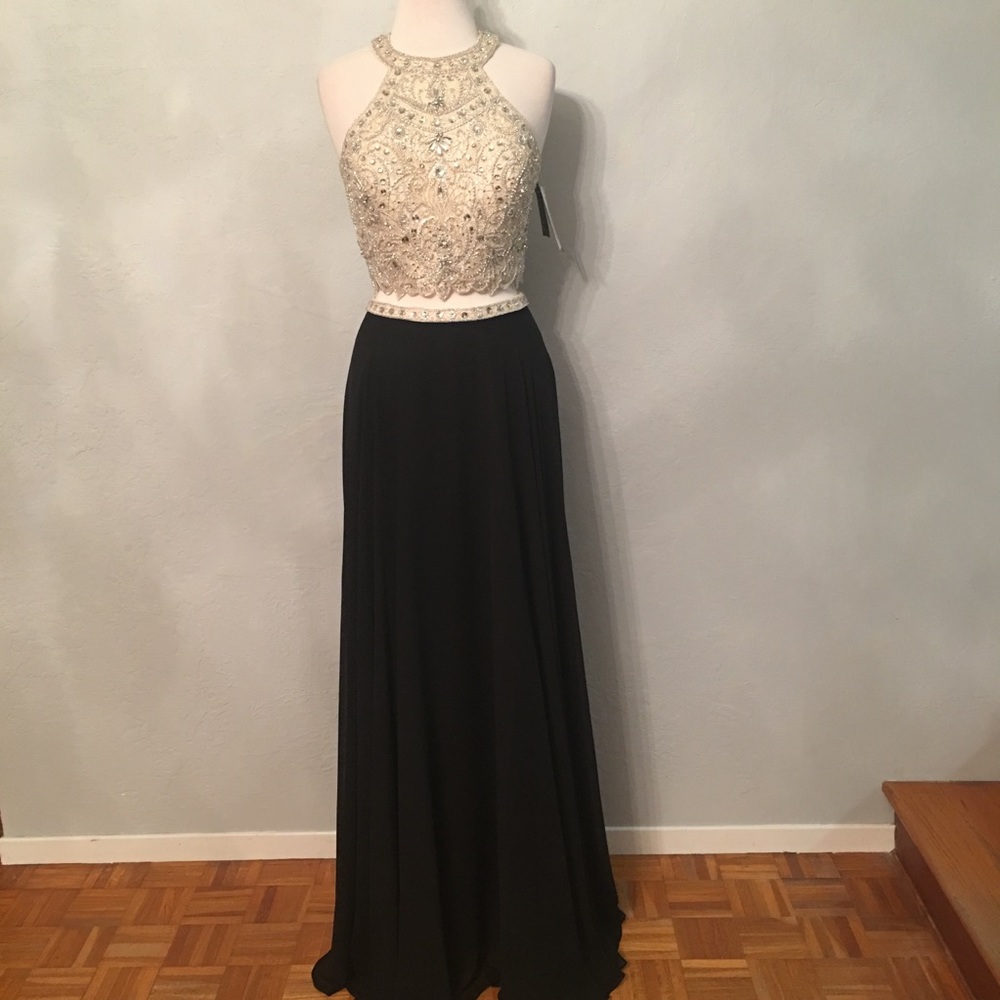 Formal evening gown, 2 Pieces, Sz L, Black / Nude